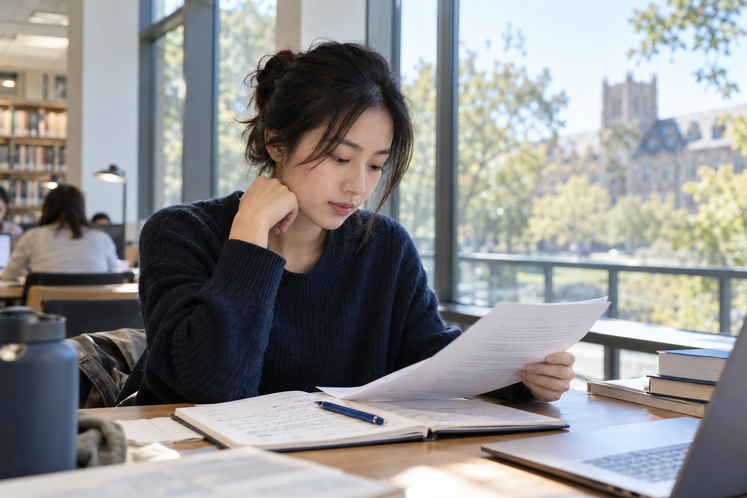 海外大学图书馆中，一位成年学生在书桌前查看资料和笔记