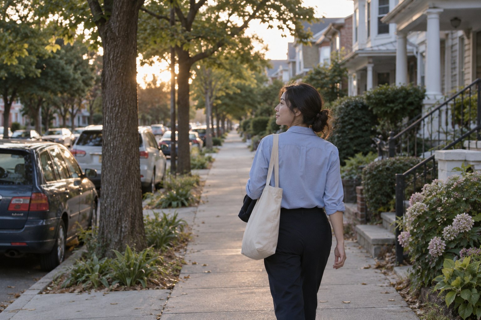 傍晚的海外住宅街道，一位成年女性走在树木与低层建筑之间