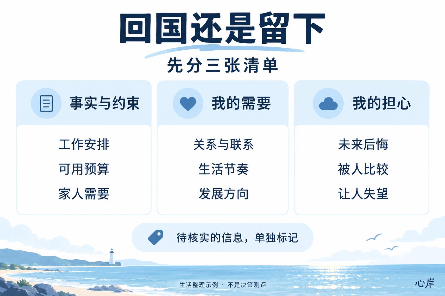 去向选择的三张清单：事实与约束、个人需要、担心，以及待核实信息
