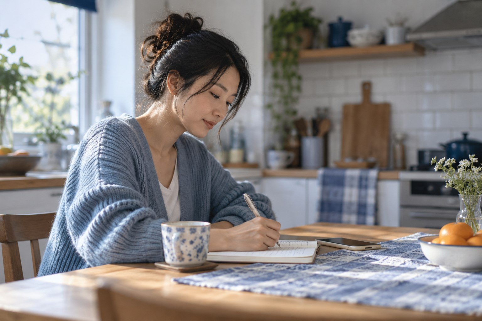 海外公寓里，一位成年女性在手机旁写下准备表达的事情